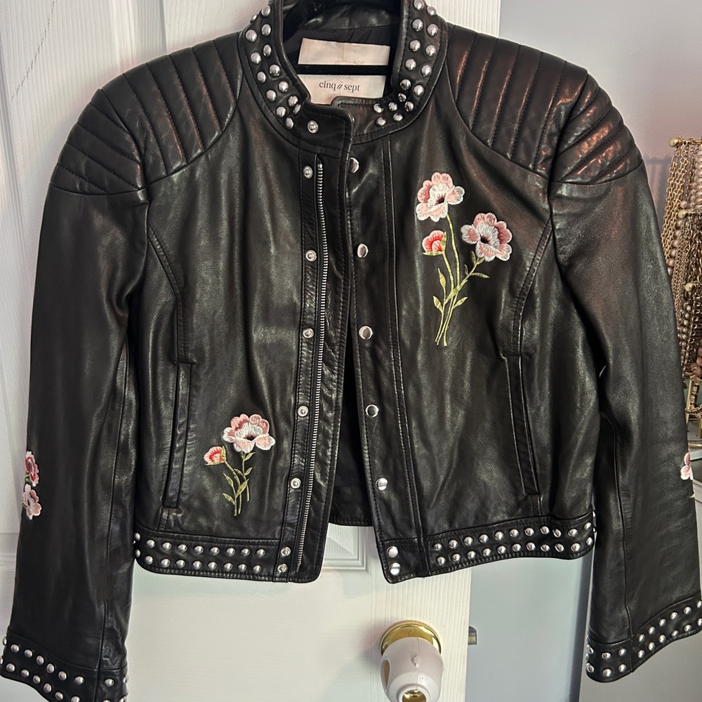Cinq à Sept Black Leather Jacket with Floral Embroidery